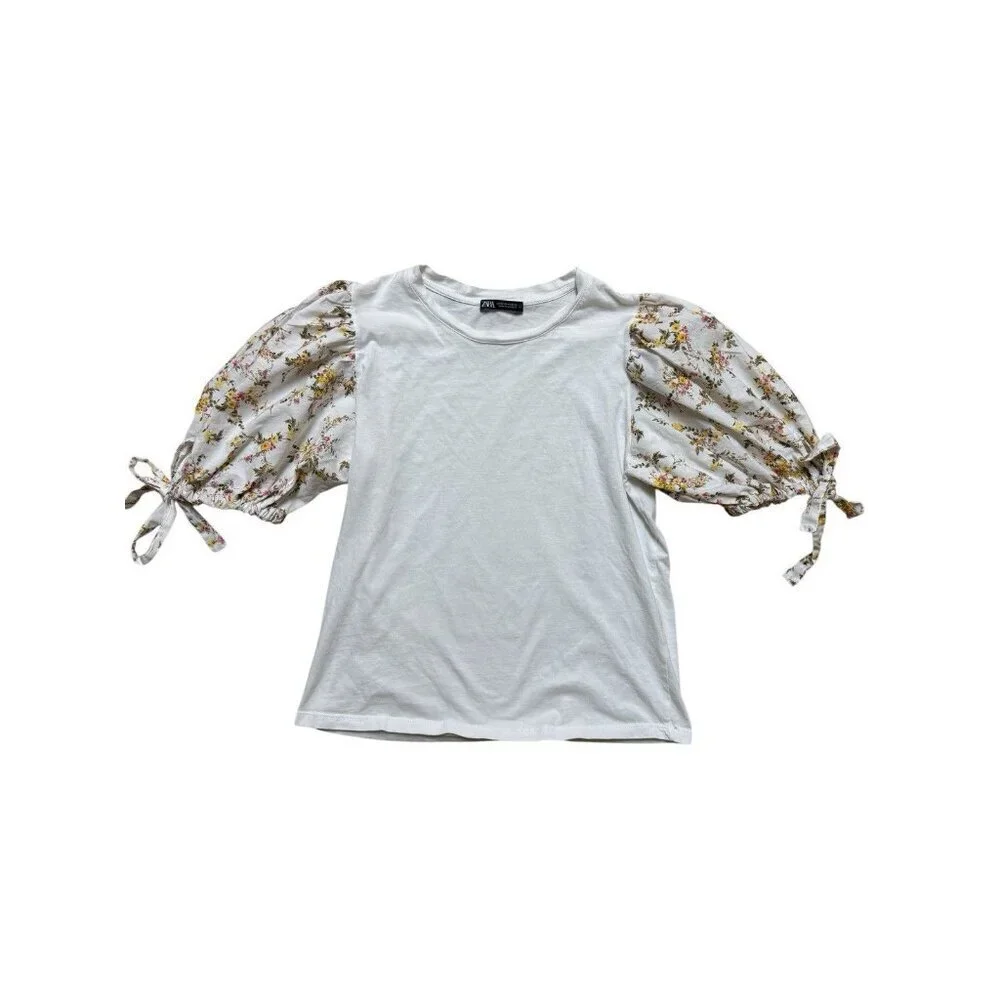 Zara Floral Puff Sleeve Top Medium White Cottagecore Tie Sleeve Blouse
